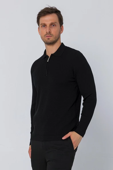 Erkek Regular Fit Düz Renk Polo Yaka Fermuarlı Uzun Kollu Triko Kazak