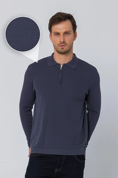 Erkek Regular Fit Düz Renk Polo Yaka Fermuarlı Uzun Kollu Triko Kazak - 12