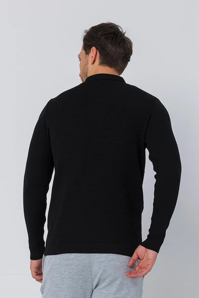 Erkek Regular Fit Düz Renk Polo Yaka Fermuarlı Uzun Kollu Triko Kazak - 5