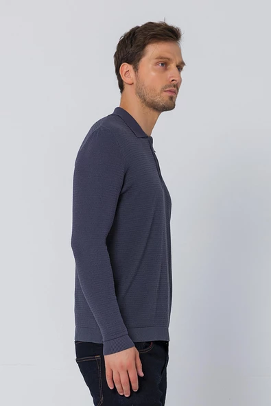 Erkek Regular Fit Düz Renk Polo Yaka Fermuarlı Uzun Kollu Triko Kazak - 9