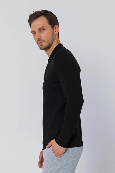 Erkek Regular Fit Düz Renk Polo Yaka Fermuarlı Uzun Kollu Triko Kazak - 3