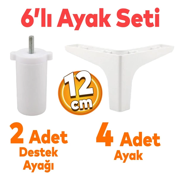 Sedef 6'lı Set Mobilya Tv Ünitesi Koltuk Kanepe Destek Ayağı 12 Cm Beyaz Baza Ayakları M8 Destek