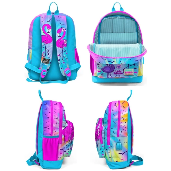 Coral High Mavi Pembe Flamingo Geçişli Beslenme Okul Çantası Kalemlik - Resim 2