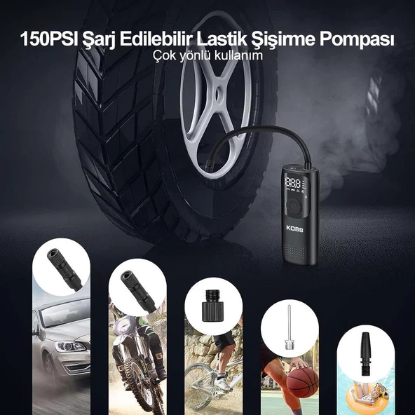 KOBB KB411 Şarjlı Li-ion 150 PSI Taşınabilir Dijital Basınç Göstergeli Led Aydınlatmalı Akıllı Lastik Şişirme Pompası - 5