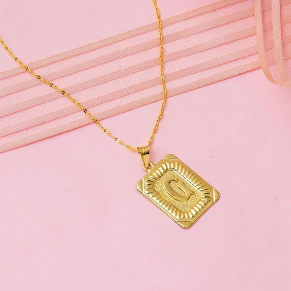 Altın Kare Plakalı G Harf Kolye 14 Ayar - Resim 3