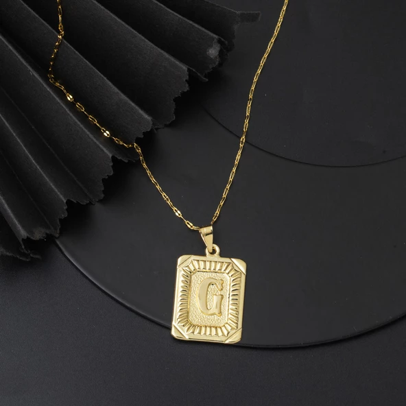 Altın Kare Plakalı G Harf Kolye 14 Ayar - Resim 4