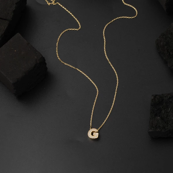 Taşlı G Harfli Minimal Harf Altın Kolye - Resim 4