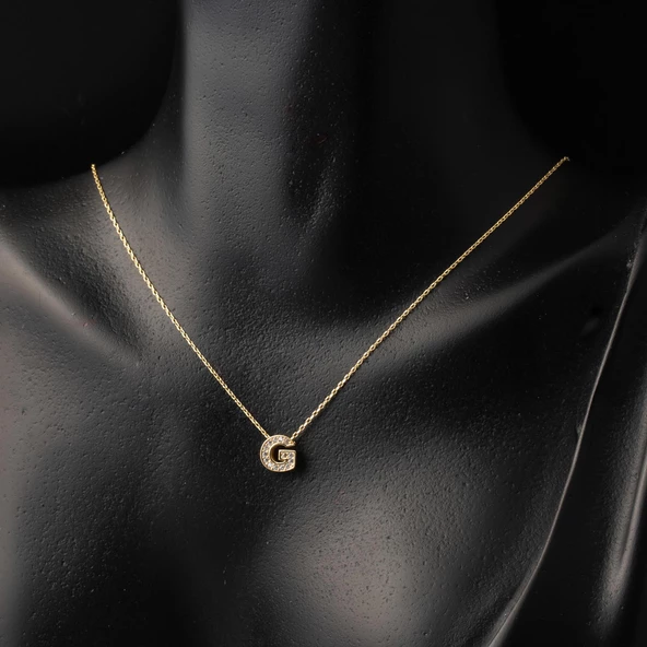Taşlı G Harfli Minimal Harf Altın Kolye - Resim 2