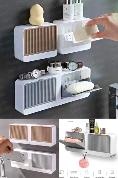 2 Bölmeli Su Tutmaz Katı Sabunluk Güçlü Yapışkanlı Duvara Monte Kapaklı Mutfak Banyo Organizeri - 5