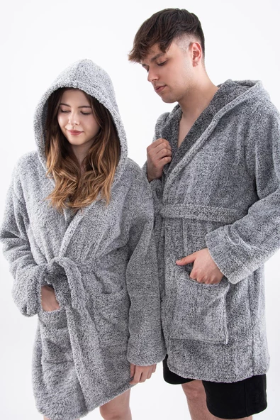 Plain Unisex Sabahlık Bornoz Wellsoft Peluş Kapşunlu Erkek Kadın Sabahlık - 6