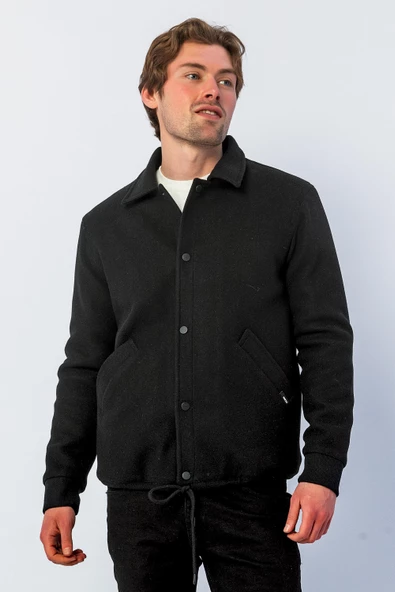 Erkek Regular Fit Çıt Çıtlı Gömlek Yaka Cepli Kışlık Astarlı Kaşe Mont - 2