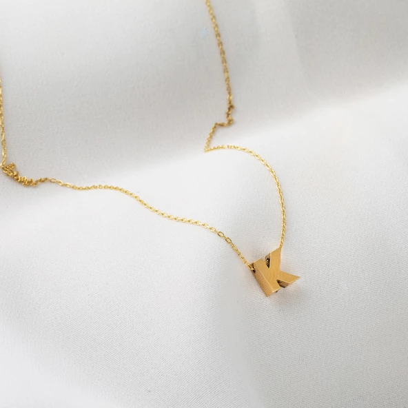 K Harfi Taşsız Minimal Harf Kolye 14 Ayar Altın - Resim 3