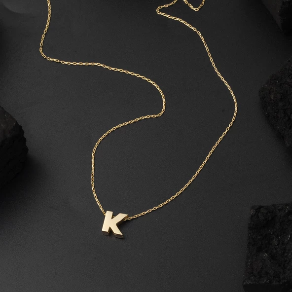 K Harfi Taşsız Minimal Harf Kolye 14 Ayar Altın - Resim 4