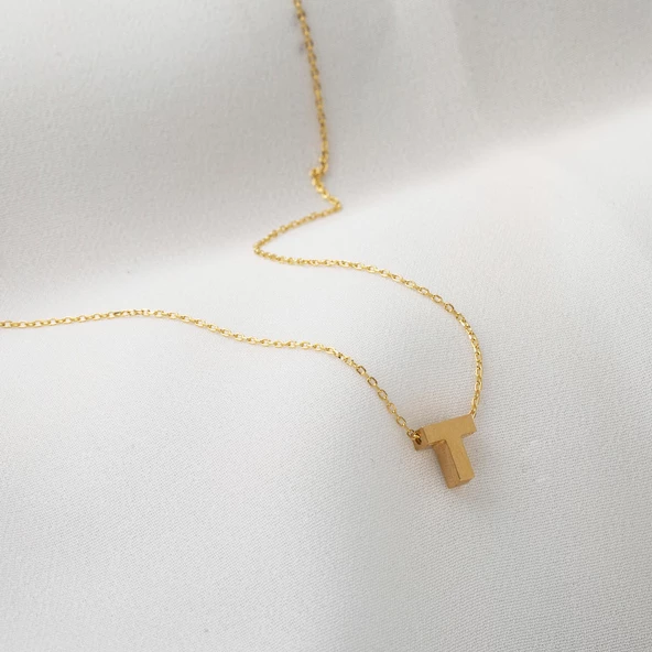T Harfi 14 Ayar Altın Taşsız Minimal Harf Kolye - Resim 3