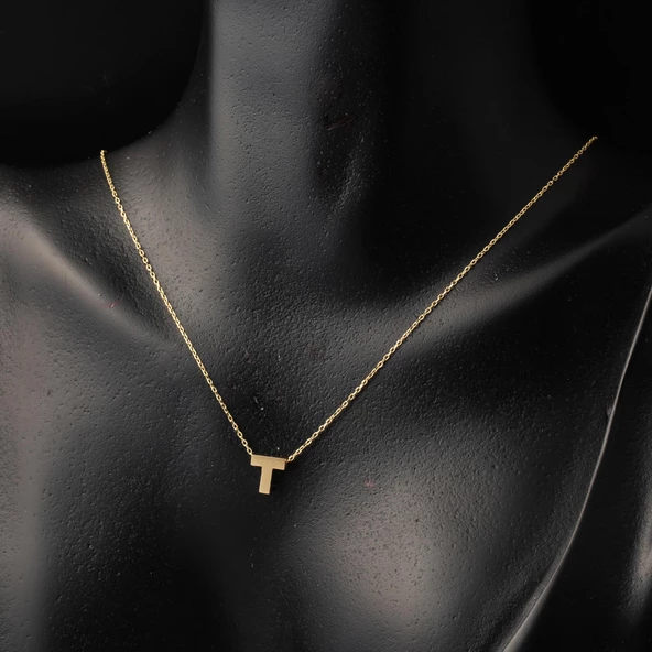 T Harfi 14 Ayar Altın Taşsız Minimal Harf Kolye - Resim 2