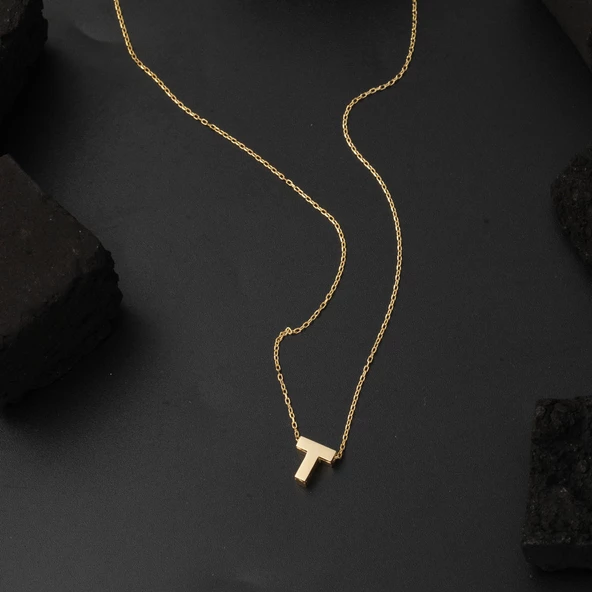 T Harfi 14 Ayar Altın Taşsız Minimal Harf Kolye - Resim 4