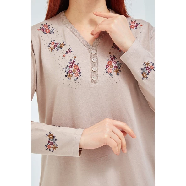 Fresh&Moda Kadın Pembe V Yaka Düğmeli Çiçekli Likralı Anne Penye Bluz - 12