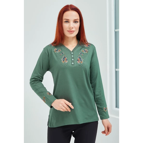 Fresh&Moda Kadın Pembe V Yaka Düğmeli Çiçekli Likralı Anne Penye Bluz - 8