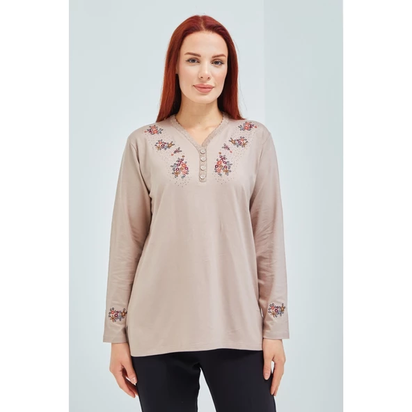 Fresh&Moda Kadın Pembe V Yaka Düğmeli Çiçekli Likralı Anne Penye Bluz - 11