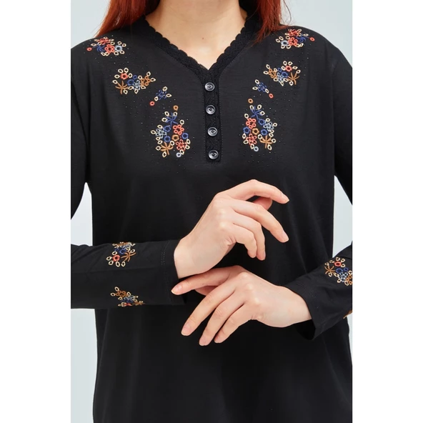 Fresh&Moda Kadın Pembe V Yaka Düğmeli Çiçekli Likralı Anne Penye Bluz - 7