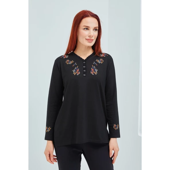 Fresh&Moda Kadın Pembe V Yaka Düğmeli Çiçekli Likralı Anne Penye Bluz - 5