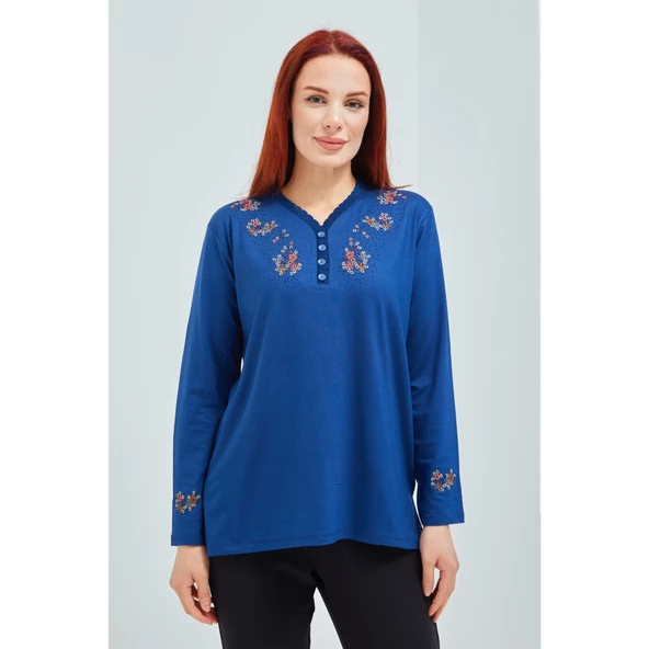 Fresh&Moda Kadın Pembe V Yaka Düğmeli Çiçekli Likralı Anne Penye Bluz - 3