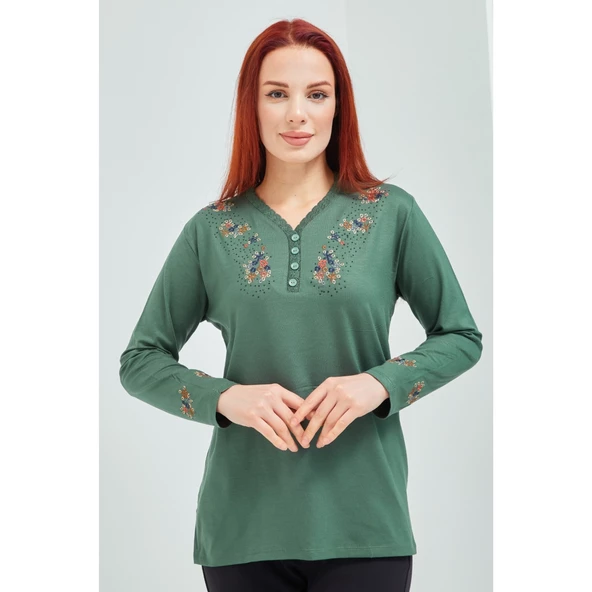 Fresh&Moda Kadın Pembe V Yaka Düğmeli Çiçekli Likralı Anne Penye Bluz - 9