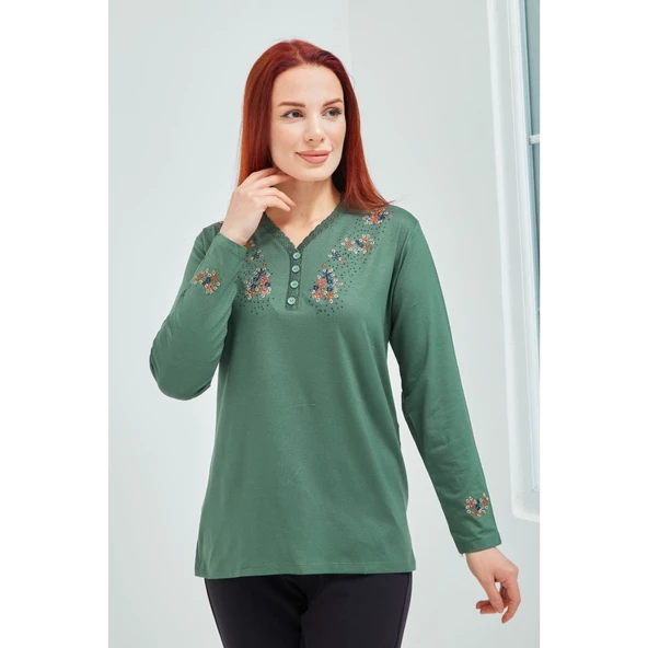 Fresh&Moda Kadın Pembe V Yaka Düğmeli Çiçekli Likralı Anne Penye Bluz - 10