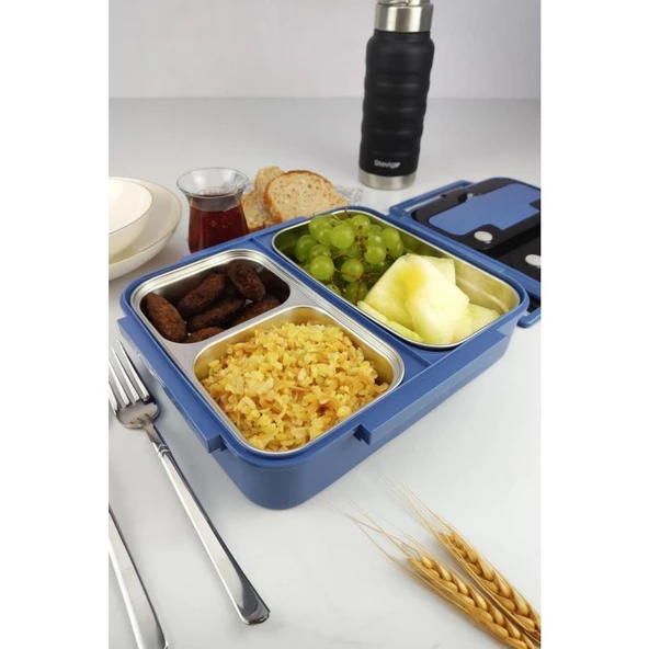 Digithome Bölmeli Çelik Hazneli Yemek Taşıma ve Saklama Kabı İş Ofis Okul İçin 25 Cm Mavi - YK1392 C320.025 - 10