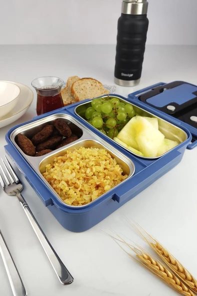 Digithome Bölmeli Çelik Hazneli Yemek Taşıma ve Saklama Kabı İş Ofis Okul İçin 25 Cm Mavi - YK1392 C320.025 - 2