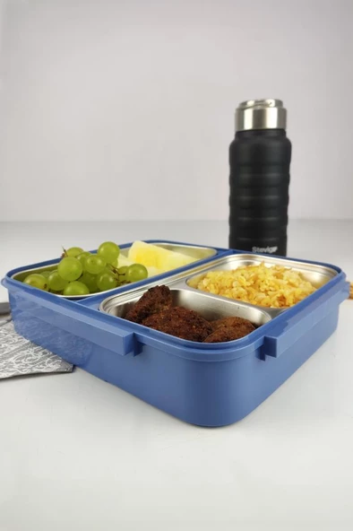 Digithome Bölmeli Çelik Hazneli Yemek Taşıma ve Saklama Kabı İş Ofis Okul İçin 25 Cm Mavi - YK1392 C320.025 - 5