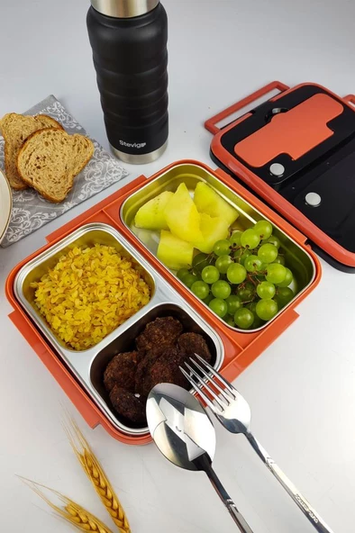 Digithome Bölmeli Çelik Hazneli Yemek Taşıma ve Saklama Kabı İş Ofis Okul İçin 25 Cm Turuncu - YK1392 C320.025 - 5