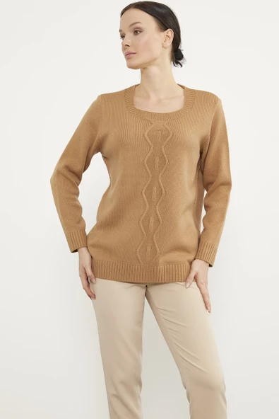 Önü Örgü Detaylı Triko Basic Kazak - Kamel - Resim 2