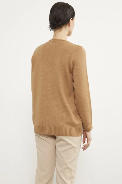 Önü Örgü Detaylı Triko Basic Kazak - Kamel - Resim 4