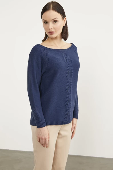 Kayık Yaka Motif Detaylı Triko Kazak - Lacivert - Resim 3