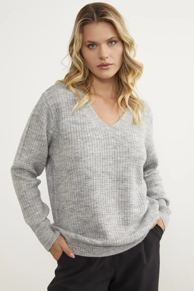 Petek Örgü V Yaka Triko Kazak - Açık Gri ürün görseli 1