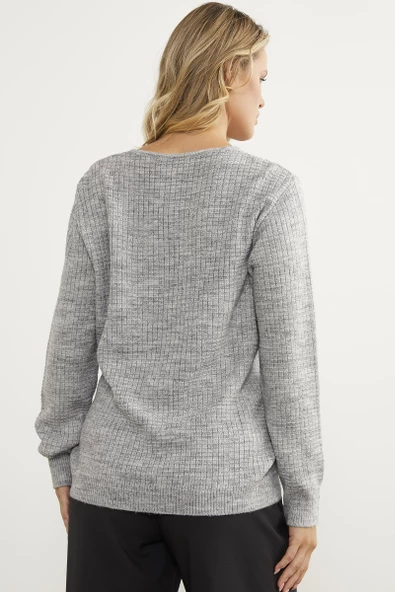 Petek Örgü V Yaka Triko Kazak - Açık Gri - Resim 5
