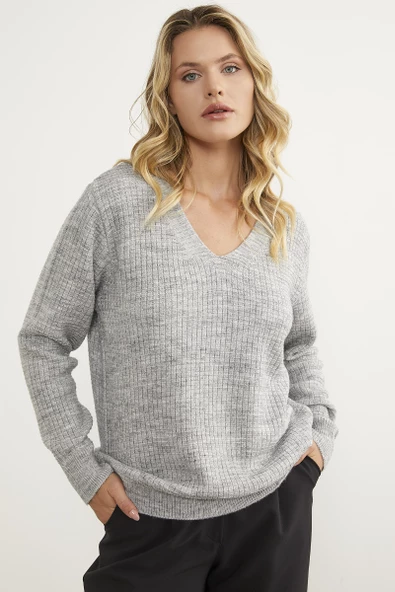 Petek Örgü V Yaka Triko Kazak - Açık Gri - Resim 2