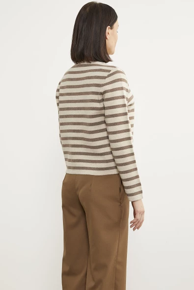 Renkli Çizgili Triko Kısa  Hırka - Bej - Resim 6