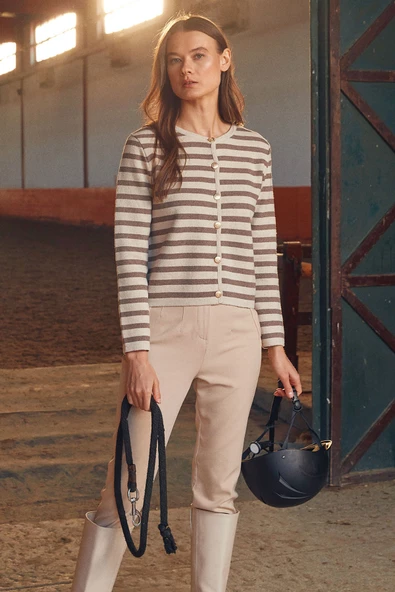 Renkli Çizgili Triko Kısa  Hırka - Bej ürün görseli