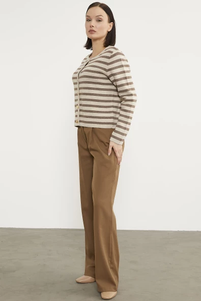 Renkli Çizgili Triko Kısa  Hırka - Bej - Resim 5