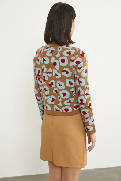 Leopar Desenli Triko Hırka - Kamel - 6