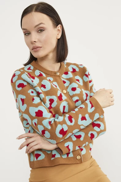 Leopar Desenli Triko Hırka - Kamel - 4
