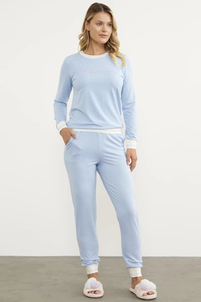 Çizgili Sıfır Yaka Pijama Takım - Mavi ürün görseli