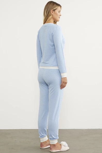 Çizgili Sıfır Yaka Pijama Takım - Mavi - Resim 6