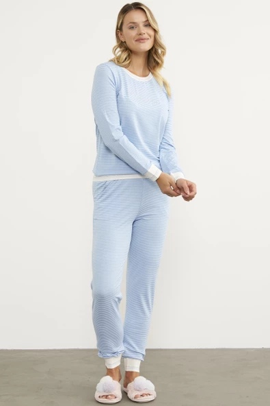 Çizgili Sıfır Yaka Pijama Takım - Mavi - Resim 3