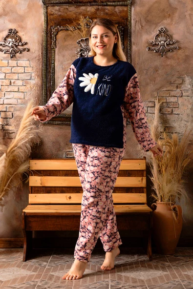 Nisanca Büyük Beden Peluş Polar Pijama Takımı- Kışlık Büyük Beden Kadın Pijama - 12