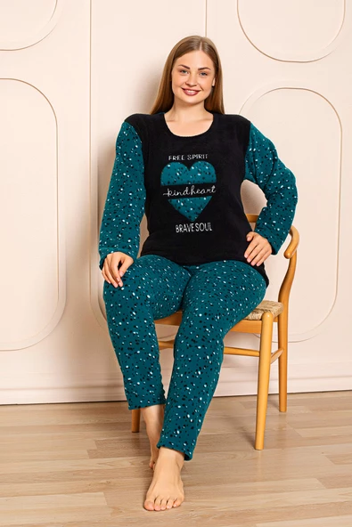 Nisanca Büyük Beden Peluş Polar Pijama Takımı- Kışlık Büyük Beden Kadın Pijama - 8