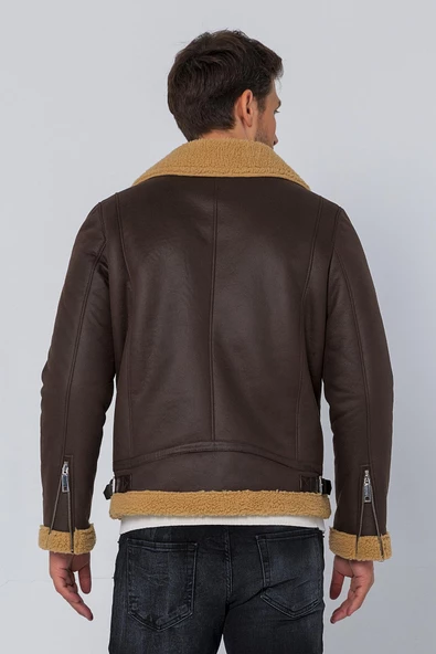 Erkek Regular Fit İçi Yünlü Fermuar Detaylı Deri İşçilikli Klasik Napa Deri Mont - 10