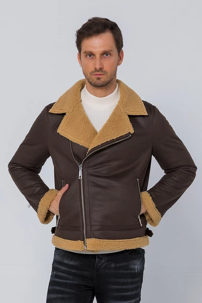 Erkek Regular Fit İçi Yünlü Fermuar Detaylı Deri İşçilikli Klasik Napa Deri Mont - 8